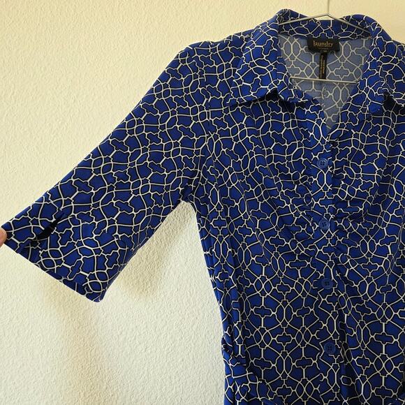 Laundry by Shelli Segal Blue Geometric Shirt Dress Belted Women Size 10 Classic - Picture 6 of 13